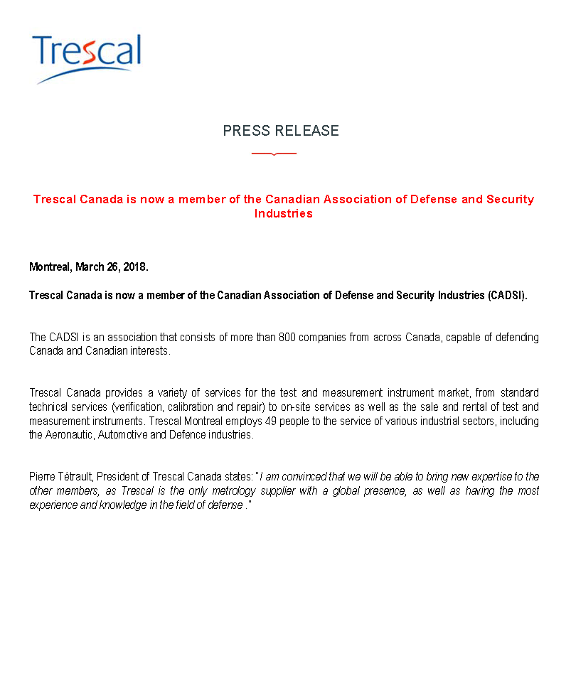 Trescal Canada is now a member of the Canadian Association of Defense and Security