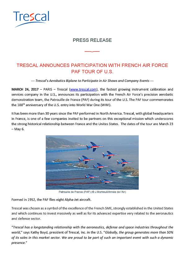 Trescal Announces Participation with French Air Force PAF Tour of U.S.