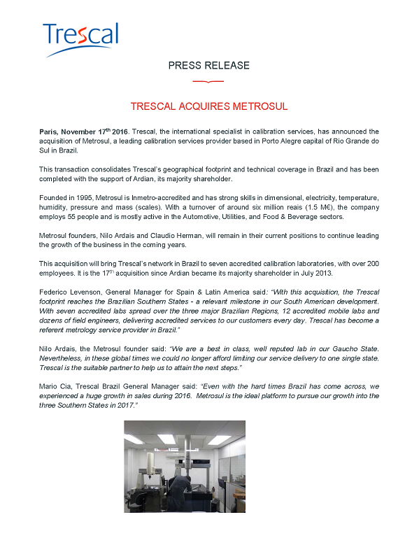 Trescal Acquires Metrosul in Brazil