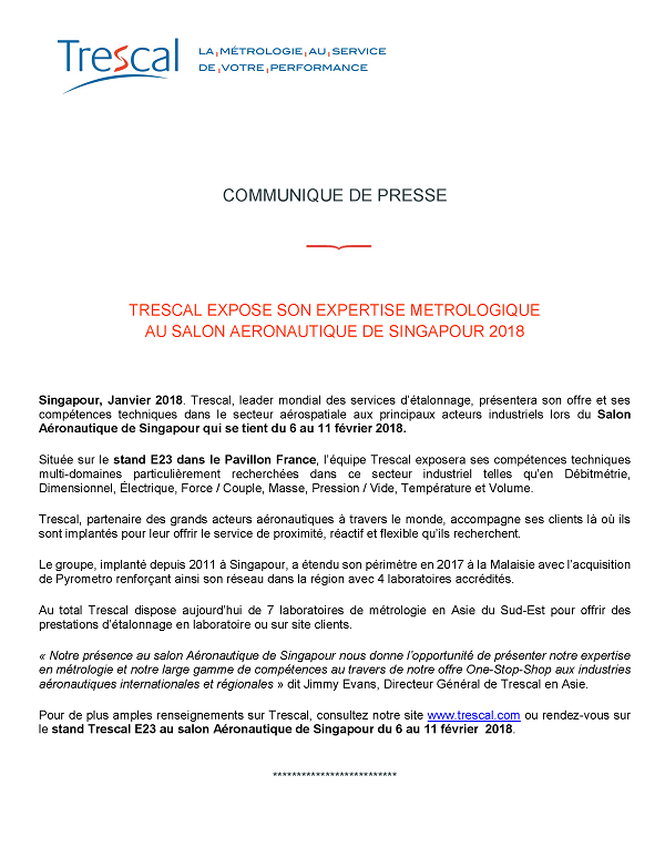 Trescal expose son expertise métrologique au salon aéronautique de Singapour 2018