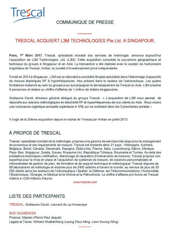 Trescal Acquiert L3M Technologies Pte. Ltd. A Singapour