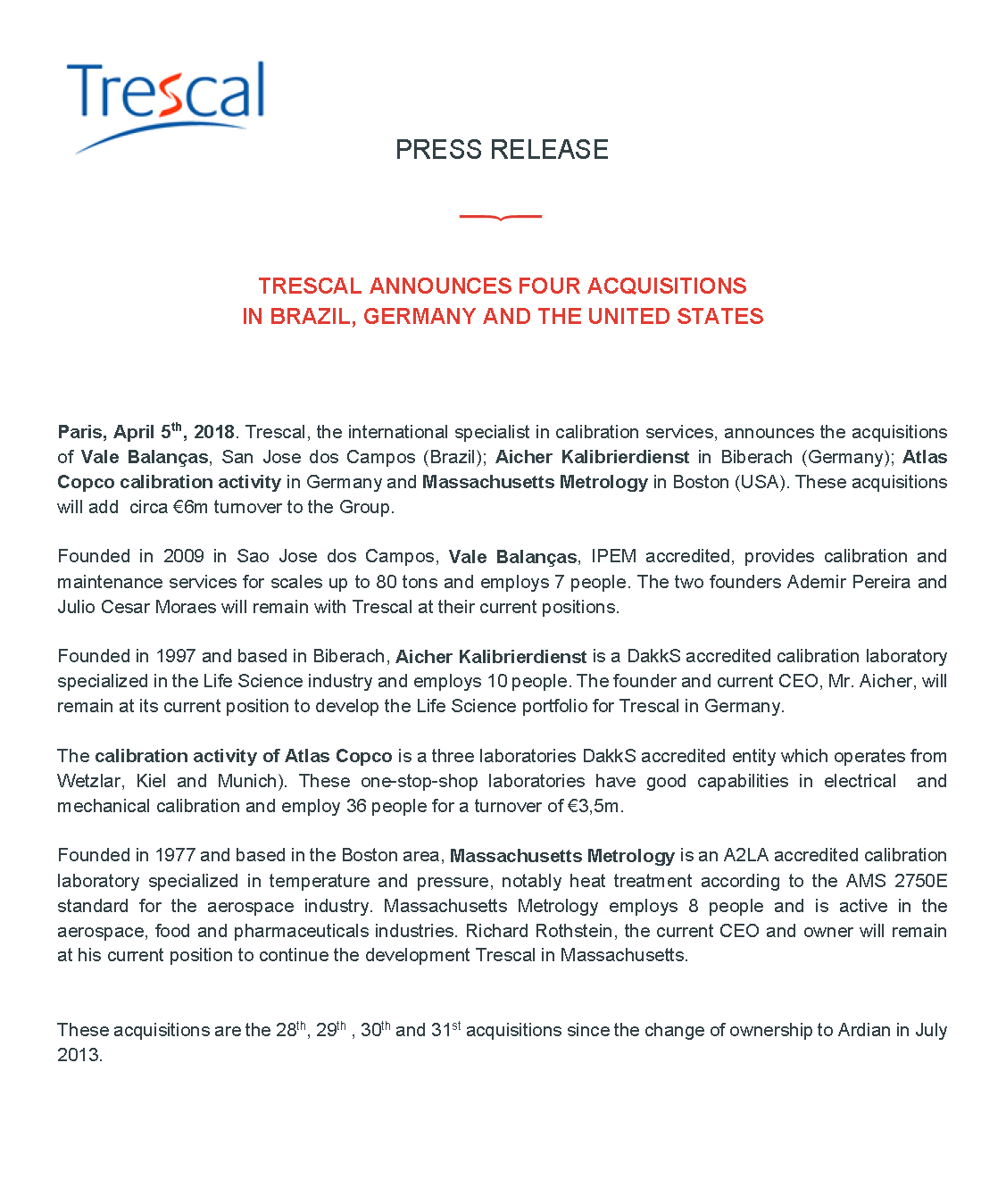 Trescal announces four acquisitions around the World