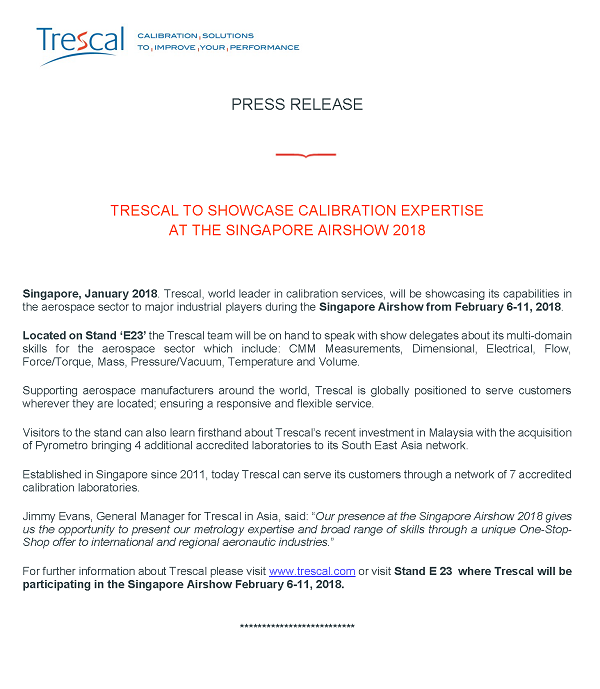 Trescal to showcase calibration expertise at the Singapour Airshow 2018
