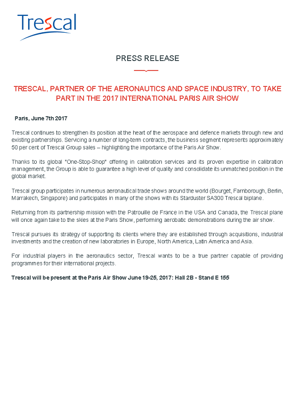 Trescal, Partner of the Aeronautics and Space Industry, takes part in the 2017 Int'l Paris Air Show