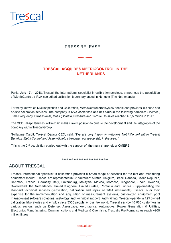 Trescal Acquires Metriccontrol in the Netherlands