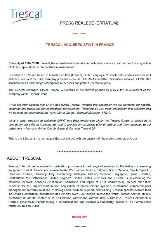 Trescal Acquires Sfint in France