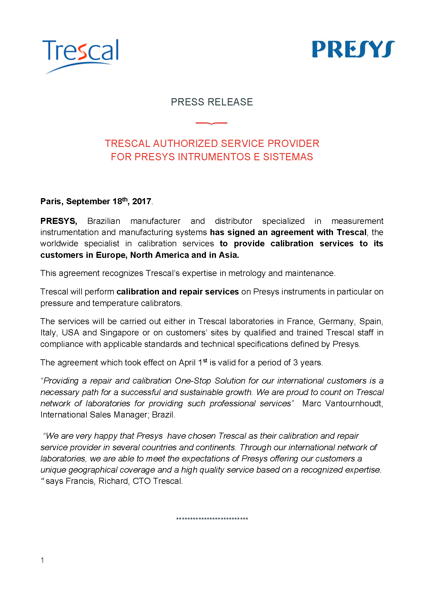 Trescal Authorized Service Provider for Presys Instrumentos e Sistemas