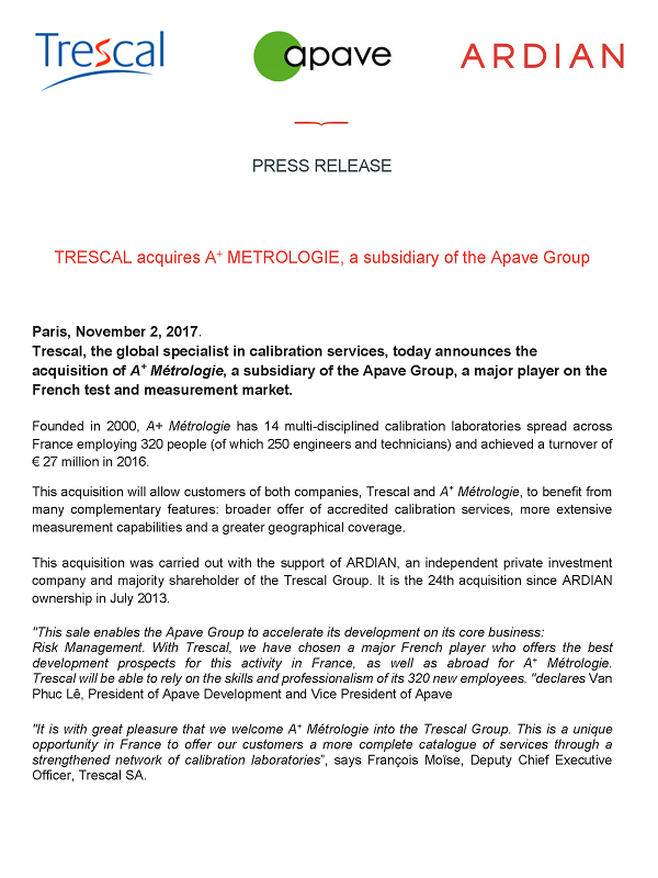 TRESCAL acquires A+ METROLOGIE, a subsidiary of the Apave Group