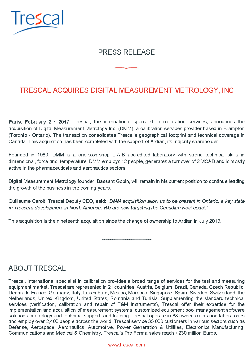 Trescal Acquires Digital Measurement Metrology, Inc (Toronto, Canada)