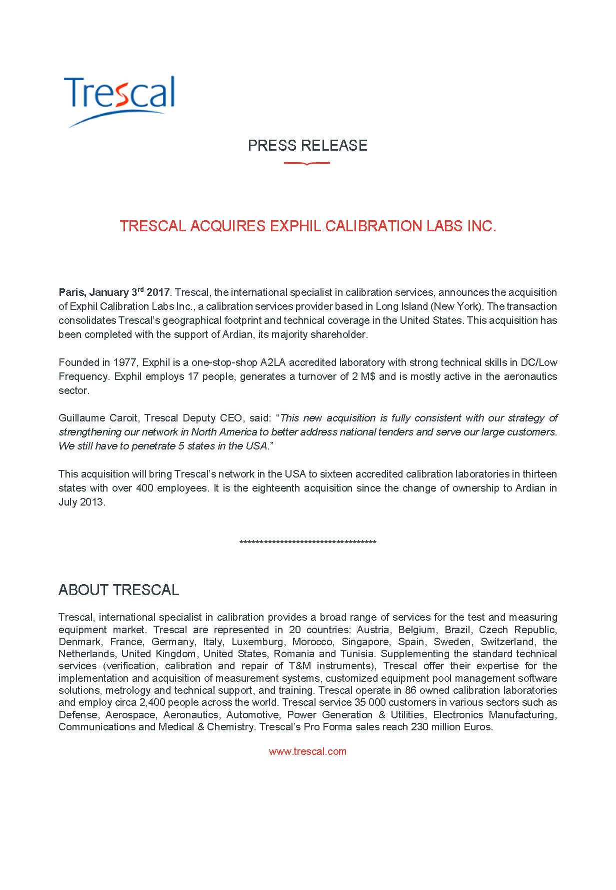 Trescal Acquires Exphil Calibration Labs Inc.