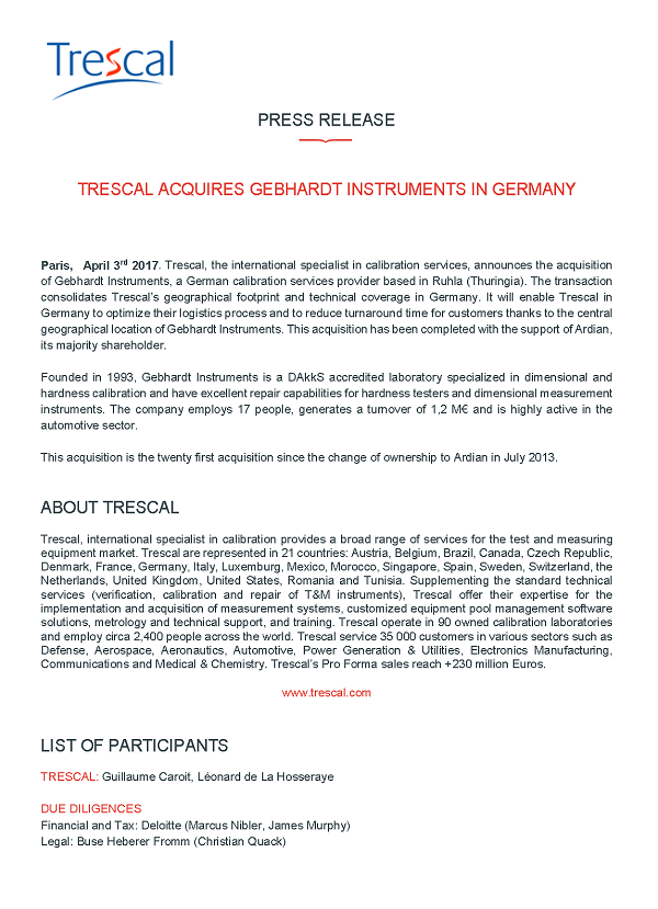 Trescal acquires Gebhard Instrumentsin Germany