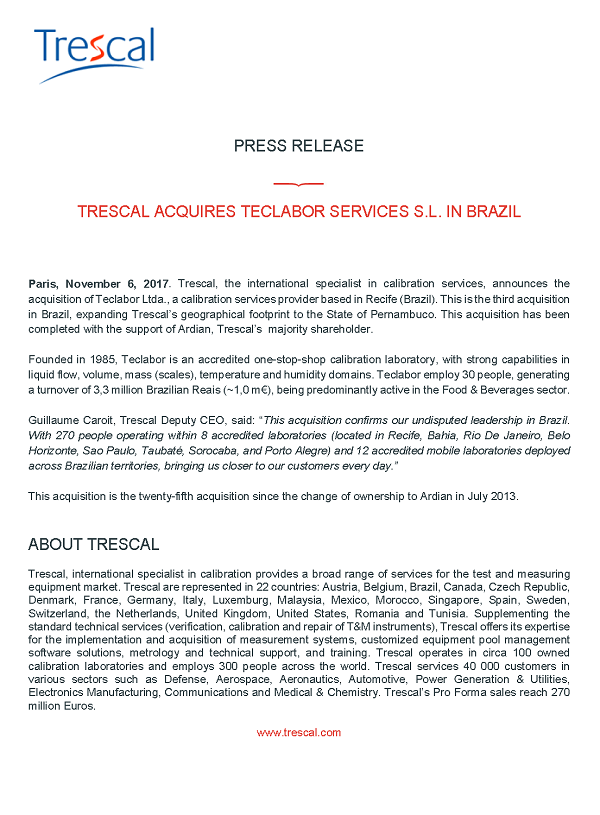 Trescal Acquires Teclabor Services S.L. in Brazil