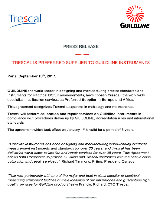 Trescal Preferred Supplier for Guildline Instruments