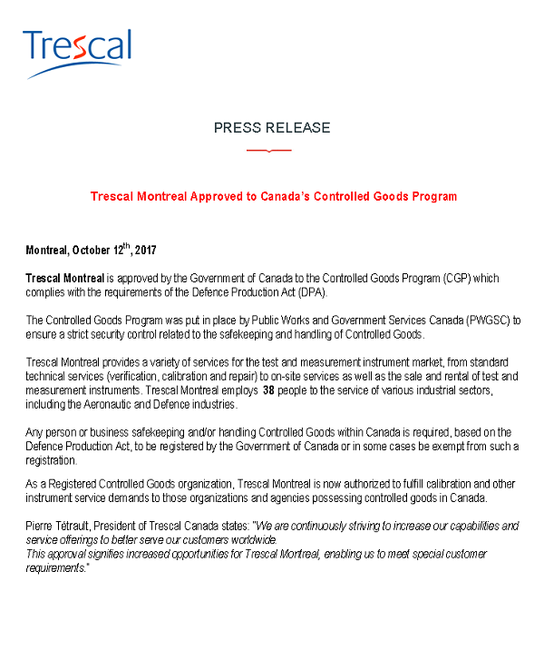 Trescal Montreal Approved to Canada`s Controlled Goods Program